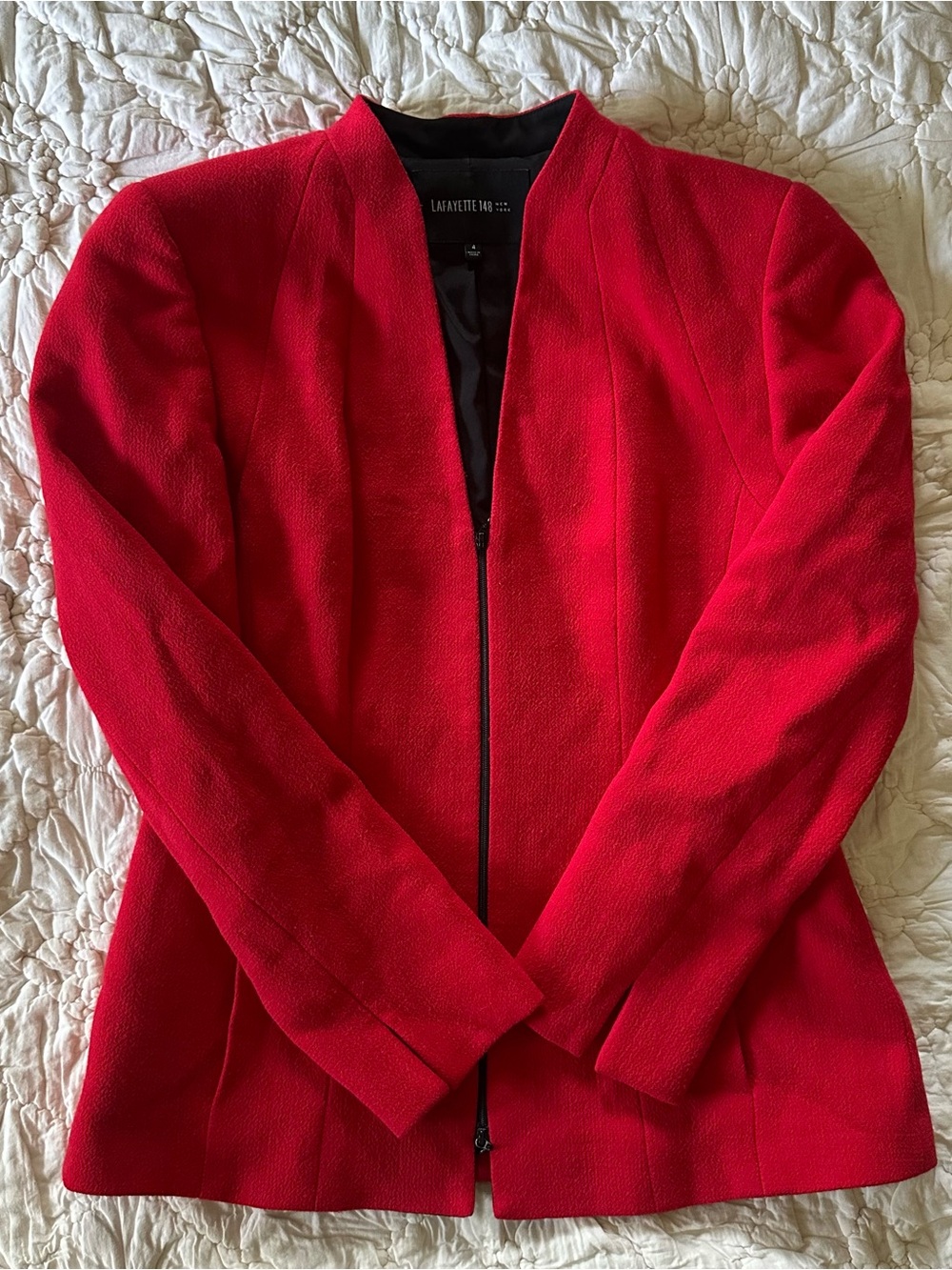 Lafayette 148 New York Red Tara Seamed Scuba Zip Front 100% Virgin Wool Jacket